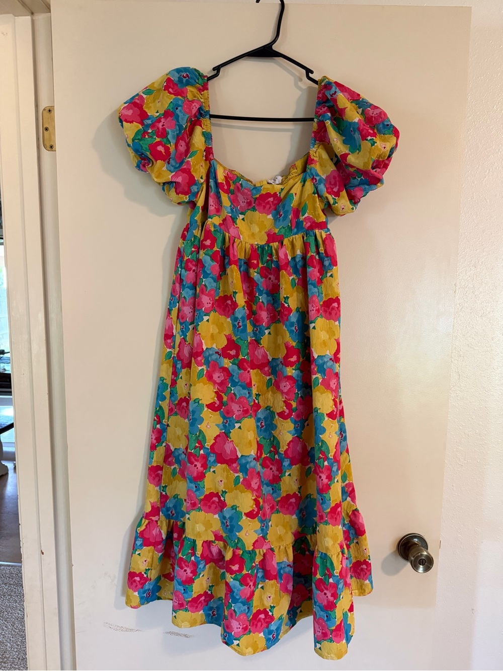 Storia Floral Puff-Sleeve Midi Dress in Yellow, Pink, Blue
